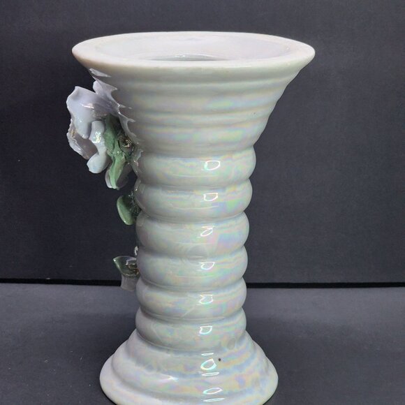 Vintage Iridescent Vase Pedestal Ceramic Glazed with Flower Applied 6'' Tall - Picture 3 of 8